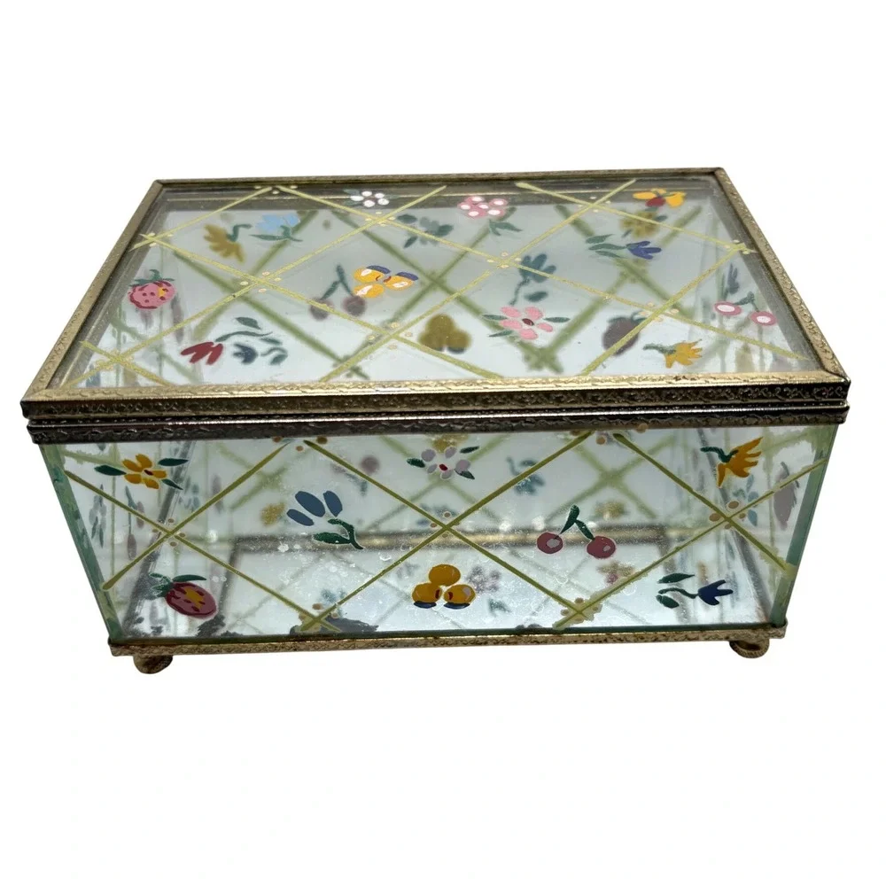 Vintage Hand Painted Glass Jewelry Box Floral Fruit Lattice Brass Trim Mirrored
